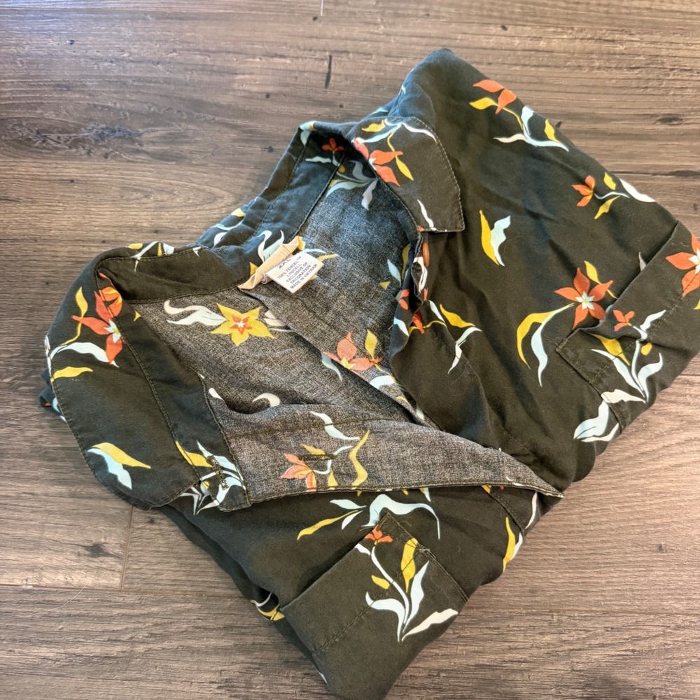 Duluth Trading Co Floral Tencel Lyocell Button Down Shirt Olive Green 2XL